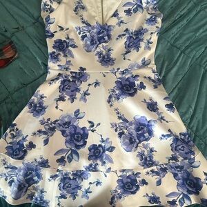 Floral Fit & Flare Dress in Blue and White